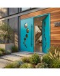 sky blue hinged aluminum double front door with circle glass