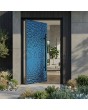 Aluminium pivot door covered with blue stainless steel sheet