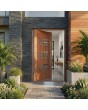 Golden oak aluminium pivot front door with vertical windows
