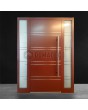 Red residential entrance door with stripes