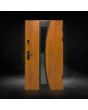 Golden oak stainless steel front door with black frame arround glass