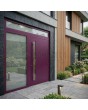 Purple LIM hinged aluminium door with left and top glass panel