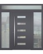 Aluminum LIM hinged front door with left, right and top glass panel