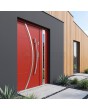 red front door with one side panel