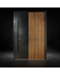 Black aluminium pivot door with golden oak vertical slats 
