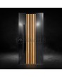 Black aluminium front door with vertical slats made of aluminium profiles