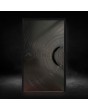 Black aluminium hinged front door with milled pattern