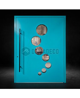 Turquoise Aluminum pivot door with with circular windows