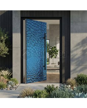 Aluminium pivot door covered with blue stainless steel sheet