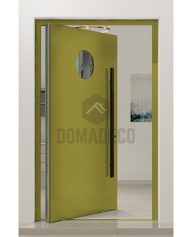 PIVOT Bila - exterior aluminium pivot door with circular glass