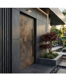 Aluminum front door covered with rust sintered quartz