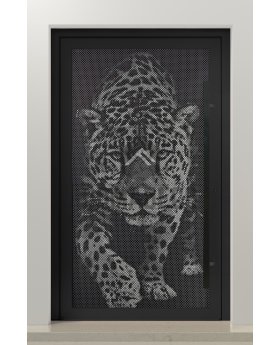 PIVOT G5 - Glass aluminium pivot door with with tiger motif in decorative panel