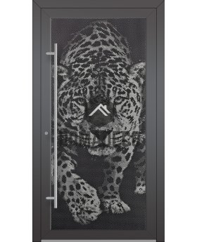LIM G5 - Glass entry aluminium door with with tiger motif in decorative panel
