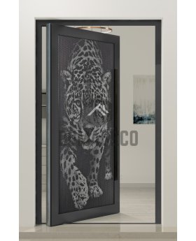 PIVOT G5 - Glass aluminium pivot door with with tiger motif in decorative panel