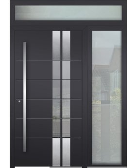 Aluminum LIM hinged door with right and top glass panel (view from the outside) 