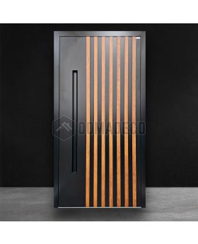 Black Aluminum exterior door with vertical slats made of aluminum profiles