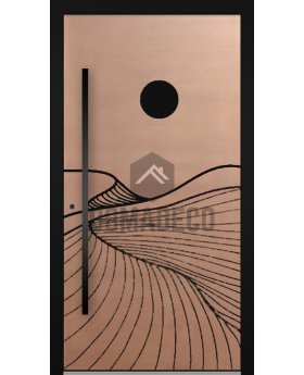 Black aluminium front door with copper texture of milled metal