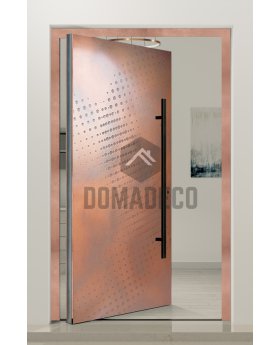 Aluminum pivot entry door with copper texture of milled metal