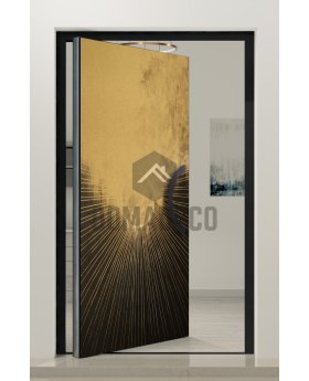 Aluminum pivot door with gold texture of milled metal