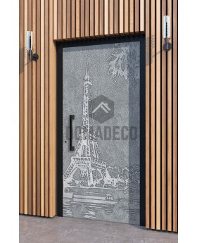 LIM Paris -  entry aluminum door with Eiffel Tower texture of milled metal