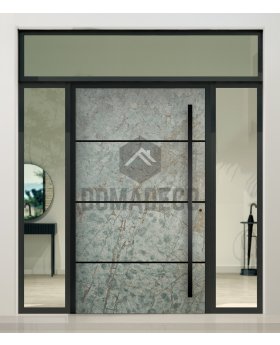 Aluminum LIM hinged front door with left, right and top glass panel