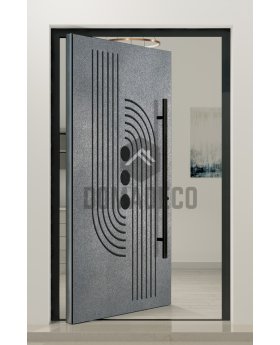 Pivot door with grey texture of milled metal