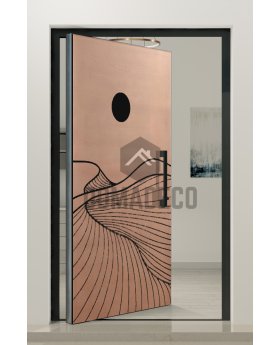 Aluminium pivot door with copper texture of milled metal