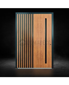 Golden oak aluminum pivot door with black vertical slats made of aluminum profiles
