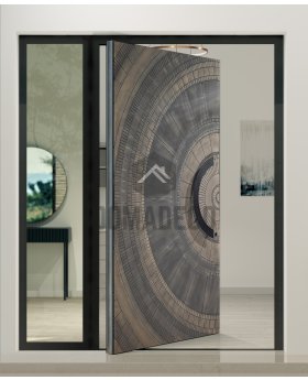 Aluminum Pivot door with left sidelight, glass panel (view from the outside)