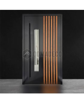 Aluminum entry door with golden oak vertical slats made of aluminum profiles
