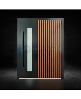 Black aluminium pivot door with vertical slats made of aluminium profiles