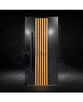 Black aluminium front door with vertical slats made of aluminium profiles