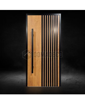 Golden oak aluminium front  door with black vertical slats made of aluminium profiles