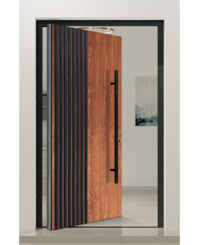 PIVOT RAIL6 - aluminum pivot door with black vertical slats made of aluminum profiles