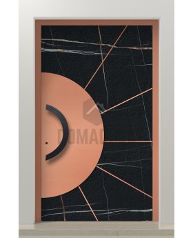 PIVOT Sahara - aluminum pivot door covered with Sahara Noir sintered quartz and copper sheet