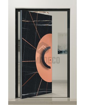 PIVOT Sahara - aluminum pivot door covered with Sahara Noir sintered quartz and copper sheet
