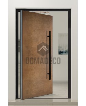 Aluminium front door covered with corten sintered quartz