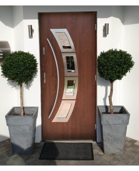 Golden oak high security steel front door with glass