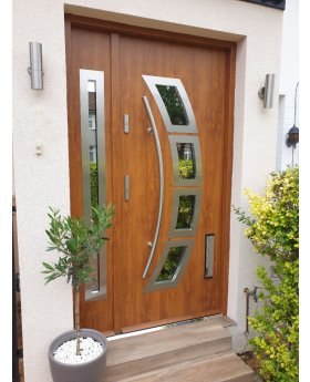 Golden oak stainless steel front door with one side panel