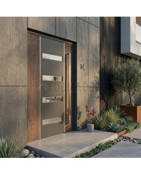 Anthracite aluminium entry door with wooden decor