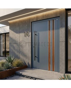 Anthracite aluminum entrance door with wooden decor