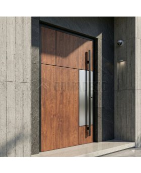aluminium door with golden oak wooden texture and inox decor