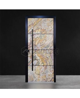 Aluminum front door with sand rock stone