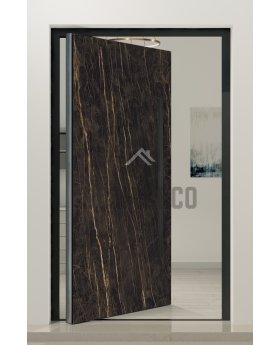 PIVOT V54 - aluminium pivot door covered with Noir Desir sintered quartz