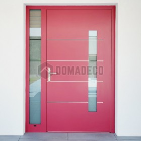 Red Aluminum Hinged LIM front door with left sidelight