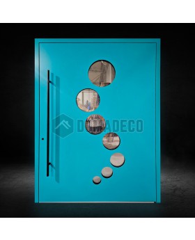 Blue modern aluminium front door with circles glass
