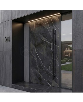 Aluminum hinged door covered with Calacatta Black sintered quartz