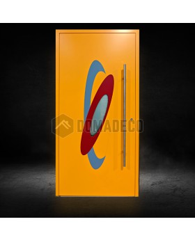 Yellow aluminum main door door with colourful ovals