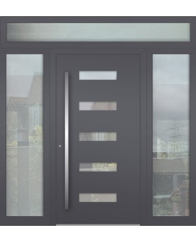 Aluminum LIM hinged front door with left, right and top glass panel