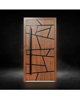 Golden oak modern aluminum front door with stripes